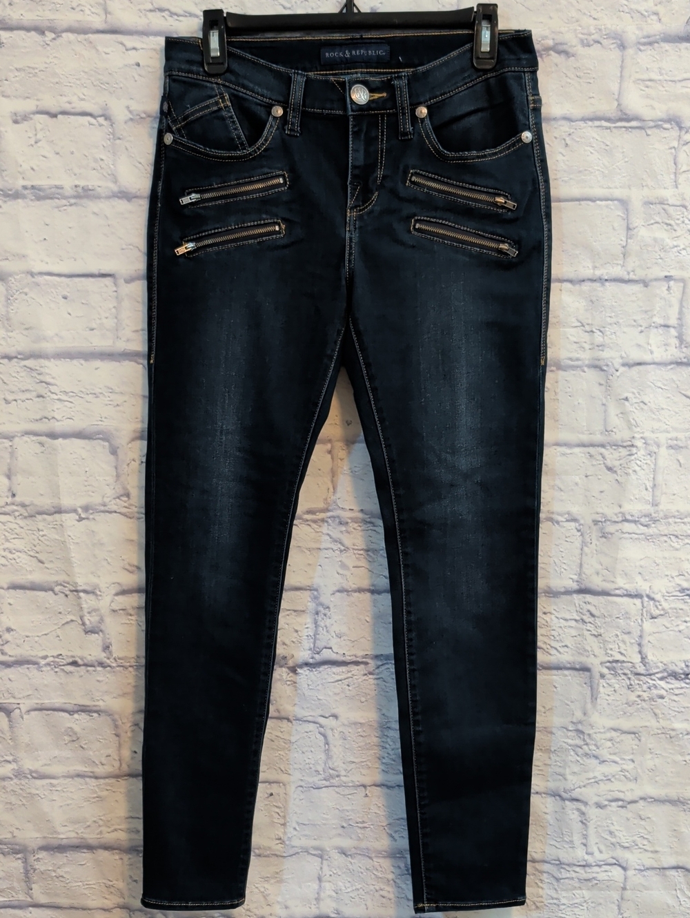 Rock & Republic Dark Indigo Skinny Jeans w/ Moto Zippers - Size 8 M
